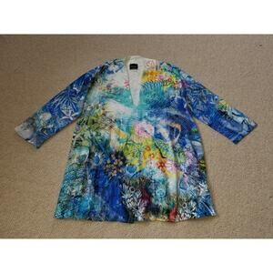 NWOT Womens Top-INOAH-white/blue/yellow cotton knit lagenlook artsy BOHO 3/4sl-M